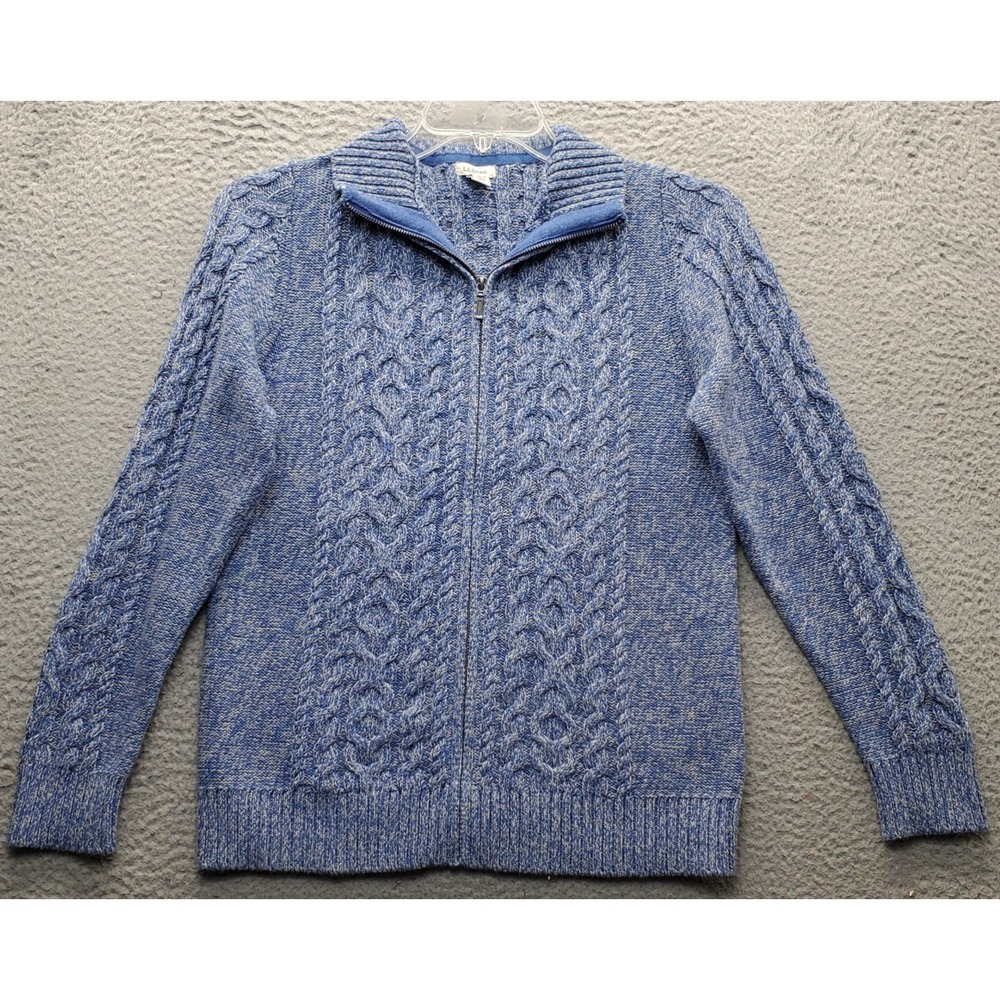 L.L. Bean Fisherman Sweater Mens Medium Blue Chunky Cable Knit Classic Full Zip